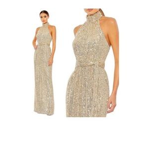 Ieena Mac Duggal Gold Halter Neck Sequined Evening Gown Dress Sz 12 NWT
